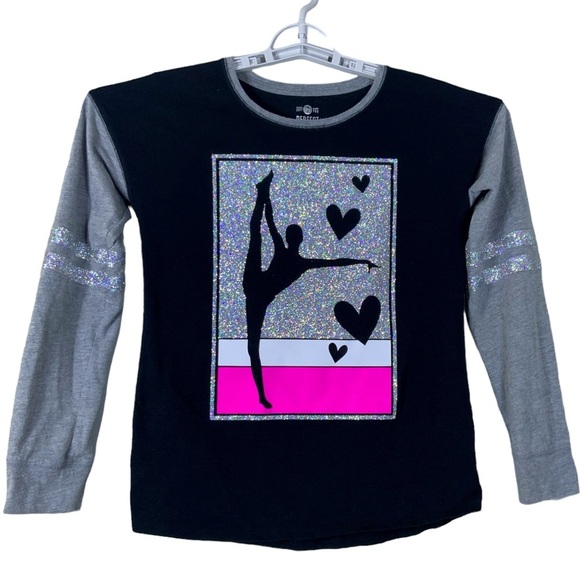 Dance Tee Shirt Long Sleeve Round Neck Glittery Ballerina Black Pink Girls 14 - Picture 1 of 15
